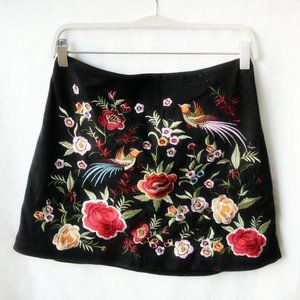 Floral Embroidered Suede Skirt